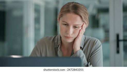 Laptop, tired and woman in office, reading and copywriting in night, hand and burnout for deadline. Computer, editing and employee working late, professional and fatigue with brain fog and project - Powered by Shutterstock