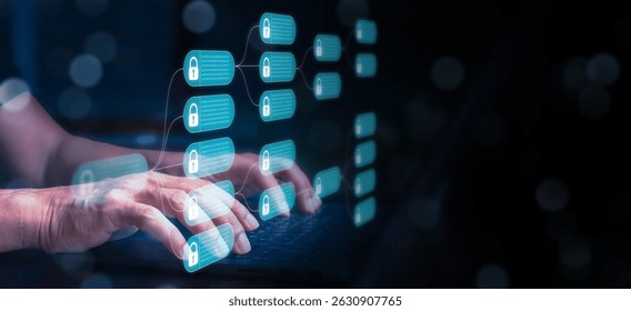 Laptop user manages data using blockchain financial technology to secure digital currencies such as Bitcoin for online payments and transactions. Fintech concept with encrypted ledger blocks.