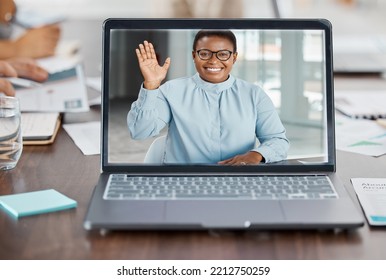 Laptop, Video Call Or Zoom Conference With Black Woman, Leader Or Business Meeting Mentor In Training, Presentation Or Workshop. Happy Smile Or Greeting Waving On Internet Interview Or Office Webinar