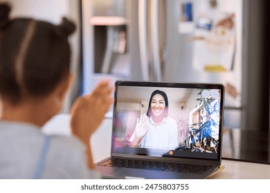 Laptop, virtual call and girl wave to teacher in home, e learning and child development or talk. Female person, online class and kid for education or video conference for lesson, hello and study - Powered by Shutterstock