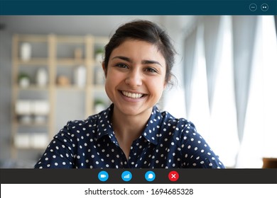 Laptop Web Cam View Head Shot Of Indian Woman. E-date Online Services, Video Call Using Phone Or Pc, Distance Chat With Mates Common Task, Conversation Between Friends, Job Interview Remotely Concept