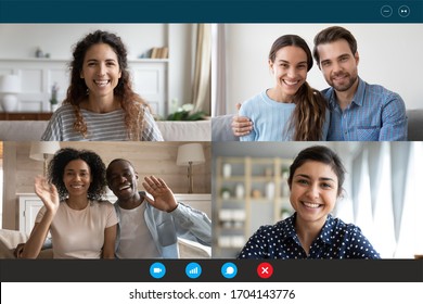 Laptop webcam screen view multiethnic families contacting distantly by videoconference. Living abroad four diverse friends making video call enjoy communication, virtual interaction modern app concept