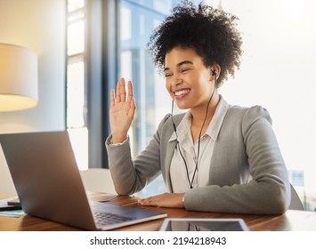 Laptop Webinar, Workshop Training And Business Meeting On Global Zoom Call In Office Or Conference Room. Happy Smile Woman Waving And Greeting On Video Conference Tradeshow Presentation Or Interview