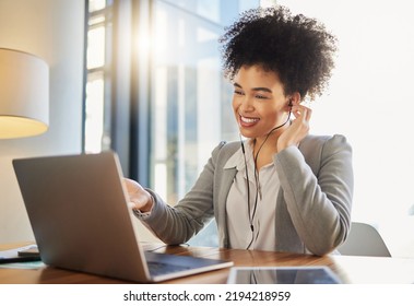 Laptop Webinar, Workshop Training And Video Call With Woman Employee On Global Zoom In Office Or Conference Room. Happy Corporate Worker With Smile In Online Meeting For Technology Company