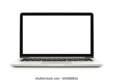 Laptop with white blank screen isolated on white background, white aluminium body - Shutterstock ID 654286816