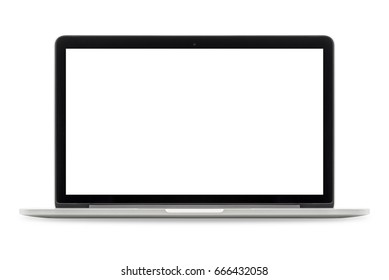 Laptop with white blank screen isolated on white background, white aluminium body - Shutterstock ID 666432058
