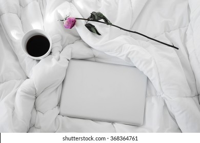 Laptop, White Cup Of Coffee And Purple Rose Isolated On White Bed, Morning Light