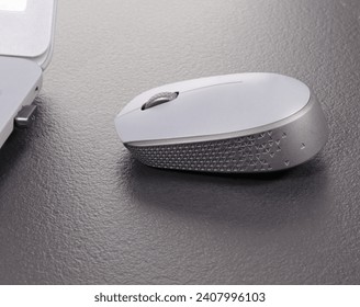 Laptop and wireless computer mouse.