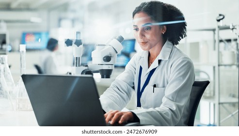 Laptop, woman and scientist with research in laboratory for medical innovation with biotechnology. Science, computer and female biologist typing online for pharmaceutical experiment in office. - Powered by Shutterstock