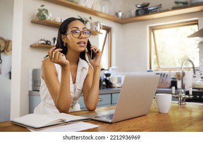 Laptop, Work From Home And Business Woman On A Phone Call For Networking, Marketing Strategy And Online Negotiation With B2b Client. Young Entrepreneurship With Technology Idea Or Proposal Job Quote