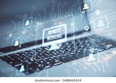 Laptop in workplace with remote work interface. Remote access chain communication concept. Close up