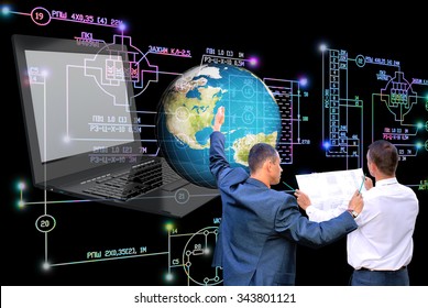 laptop,computer,globe planet earth,electrical industrial engineering scheme.