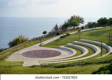 Lara City Park With Blue Sky And Sea. Modern Amphitheatre. Broadwalk In Antalya, Turkey.