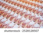 a large amount of money with a denomination of five thousand Russian Russian rubles lie neatly next to each other, covering the entire surface, Russian currency