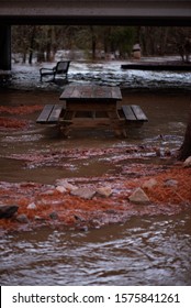 Large Amounts Of Heavy Overnight Rain Flooded A Picnic And Greenway Area At Ooltewah, Tennessee Park. 