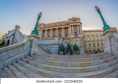 Large angle view with facade of the Library of Congress Thomas Jefferson Building, Beaux-Arts architectural style.
