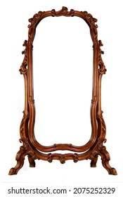 Large Antique Baroque Mirror On Curved Legs In A Decorative Wooden Vintage Carved Frame, Isolated On A White Background