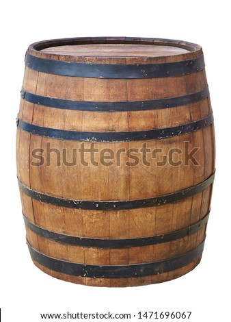 Large antique wooden barrel with wine or beer isolated on a white background.