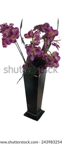 A large artificial plant with green leaves and purple flowers in a black pot against a white background, adding a touch of elegance to any space.