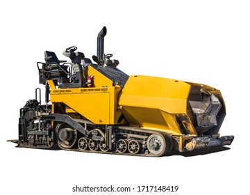 Large Asphalt Paving Machine. Yellow Road Construction Vehicle, With Exposed Drivers Seat. Rubber Truck Paver. Isolated On White.