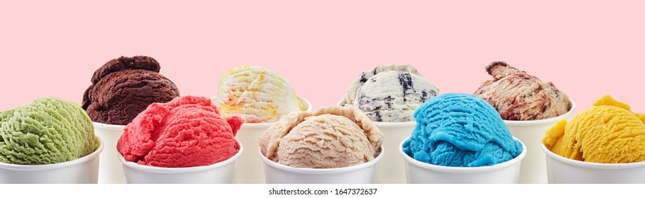 Large Assortment Of Artisanal Italian Ice Cream In A Range Of Colors And Flavors Served In Takeaway Tubs Over A Pink Panorama Background