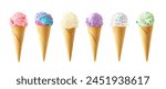 Large assortment of ice cream cones. Various flavors isolated on a white background