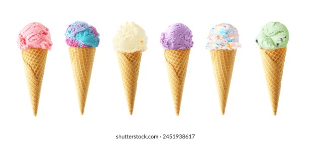 Large assortment of ice cream cones. Various flavors isolated on a white background - Powered by Shutterstock