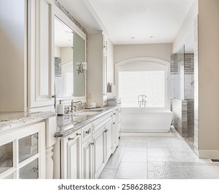 Large Bathroom In Luxury Home With Two Sinks, Tile Floors, Fancy Cabinets, Large Mirrors, And Bathtub