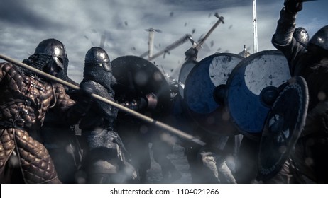 Large Battle Between Medieval Warriors. Medieval Reenactment.