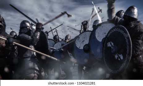 Large Battle Between Medieval Warriors. Medieval Reenactment.