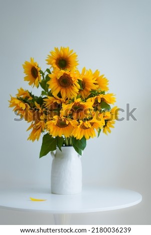 A large beautiful bouquet of traditional Ukrainian sunflower flowers in a white vase on a white table.