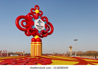 Large Beijing 2022 Winter Olympics Emblem At Tiananmen Square In Beijing China On Jan.29,2022