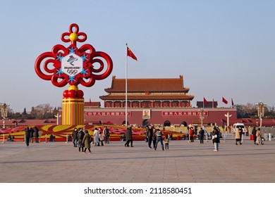 Large Beijing 2022 Winter Olympics Emblem At Tiananmen Square In Beijing China On Jan.29,2022