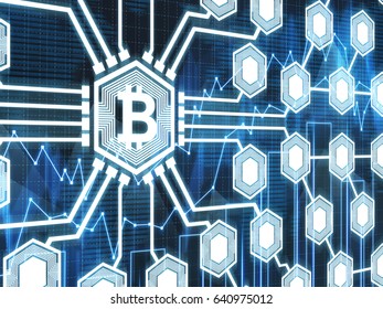 Large bitcoin icon is the center of a bitcoin network. Dark blue background with graphs. Concept of cryptocurrency
