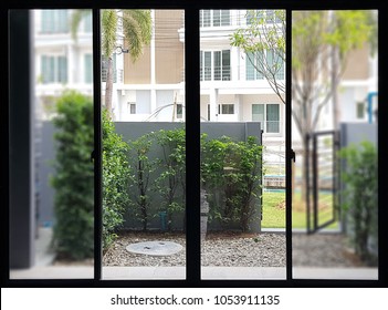 Large Black Aluminum Slide Doors Nature And Buildings View Back With Blur And Clear Mirror 