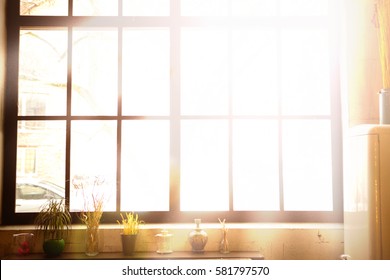 Large Black Metal-plastic Window On The Wall. Kitchen Window Sill With Flowers In Pots. From The Window The Sun Shines Brightly. Spring Or Summer Morning. The Window Shines The Sunlight