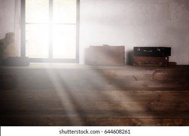 Large Black Metal-plastic Window On The Wall. Kitchen Window Sill With Flowers In Pots. From The Window The Sun Shines Brightly. Spring Or Summer Morning. The Window Shines The Sunlight