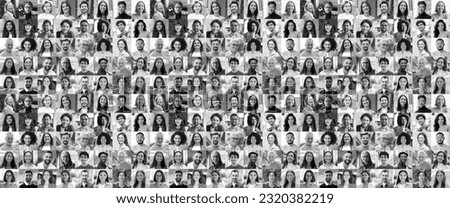 Large black and white collage, portrait of multiracial smiling different business people. A lot of happy modern people faces in mosaic collection. Successful business, team, career, diversity concept
