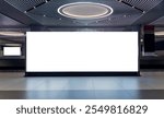 Large blank billboard banner sign standing in the middle of a modern shopping mall or airport terminal, mockup template white screen for advertisement