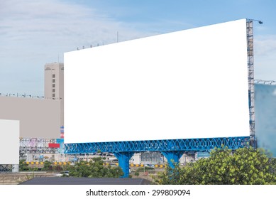 Large Blank Billboard On Overpass With City View Background.