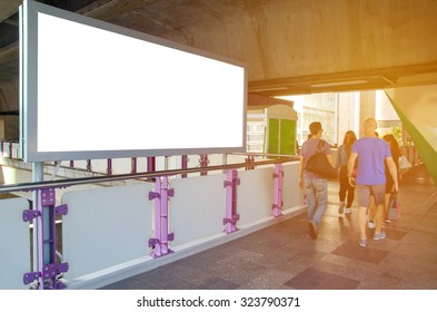 Large Blank Billboard On Overpass With City View Background.