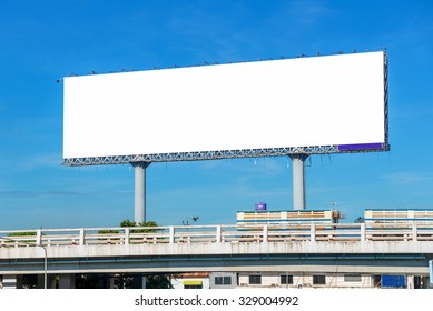 Large Blank Billboard On Overpass With City View Background.