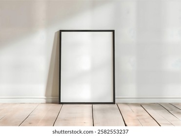 A large blank poster frame with a black border, leaning against a white wall on a wooden floor. Perfect for art mockups, interior decor, or minimalist branding.