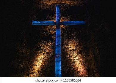 Large Blue Cross Made Of Salt In The Famous Salt Cathedral (Catedral De Sal) In Zipaquirá Near Bogota, Colombia