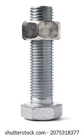 Large bolt and nut screwed it standing the bolt cap isolated the white background