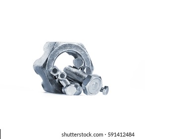 Large Bolt And Small Different Size Nuts On White Background, One Size Does Not Fit All Concept