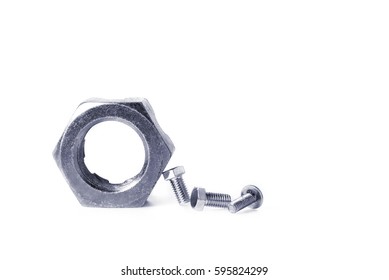 Large Bolt And Small Size Nuts On White Background, Put The Right Man To The Right Job Concept