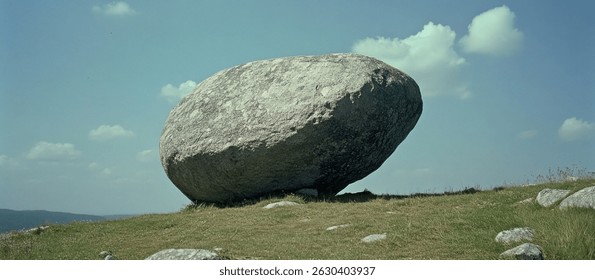 A large boulder balanced on its side, rolling down the hillside under a clear blue sky with wispy white clouds