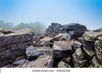 Large boulders in fog on Blackrock Summit, in Shenandoah National Park, Virginia. - Shutterstock ID 144162166