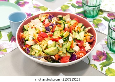 Large Bowl Of Greek Salad. Selective Focus